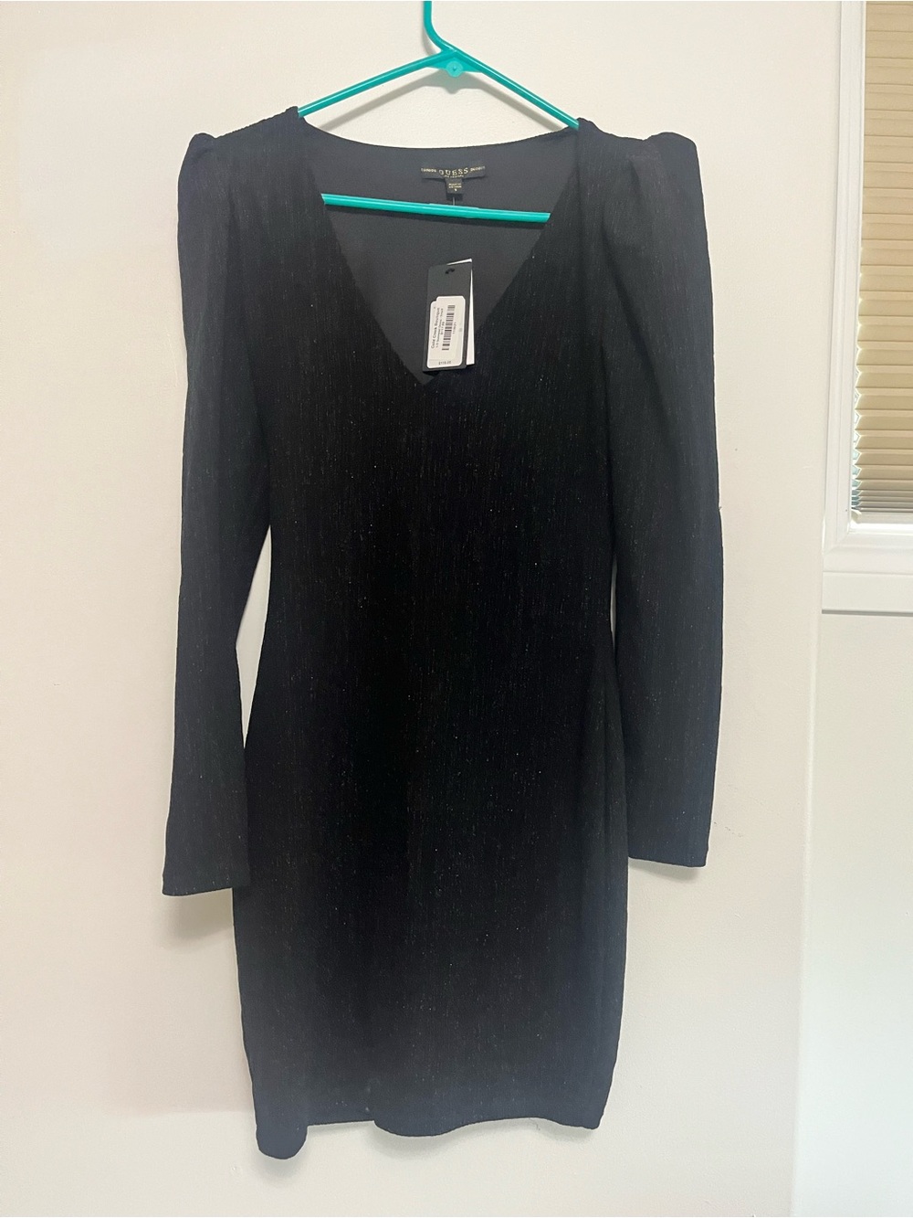 Guess Black Long Sleeve V-Neck Shimmer Dress